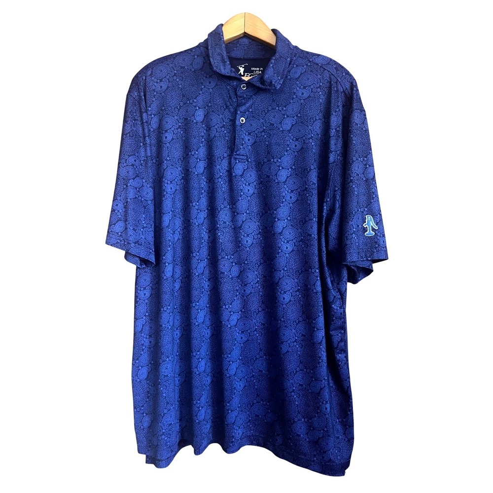 FG Tech Polo Shirt Mens 2XL Blue Paisley‎ Golf Performance Stretch Made USA